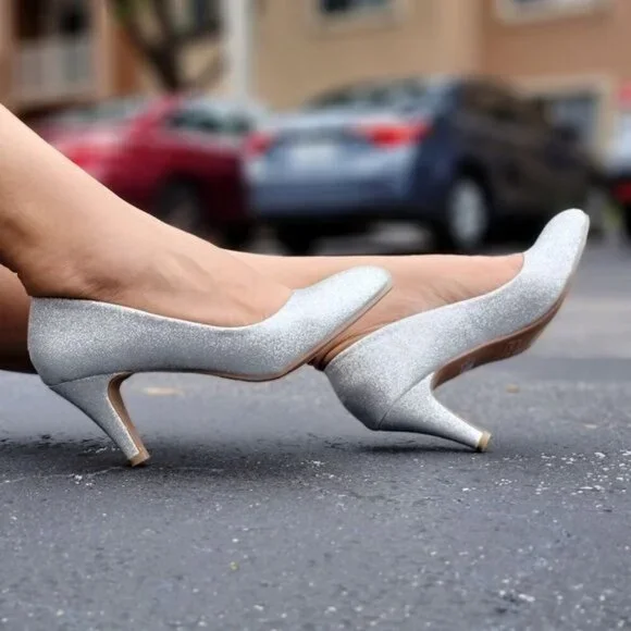 Silver Glitter Pumps Women’s Low Heel Round Toe Shoes - Picture 4 of 6
